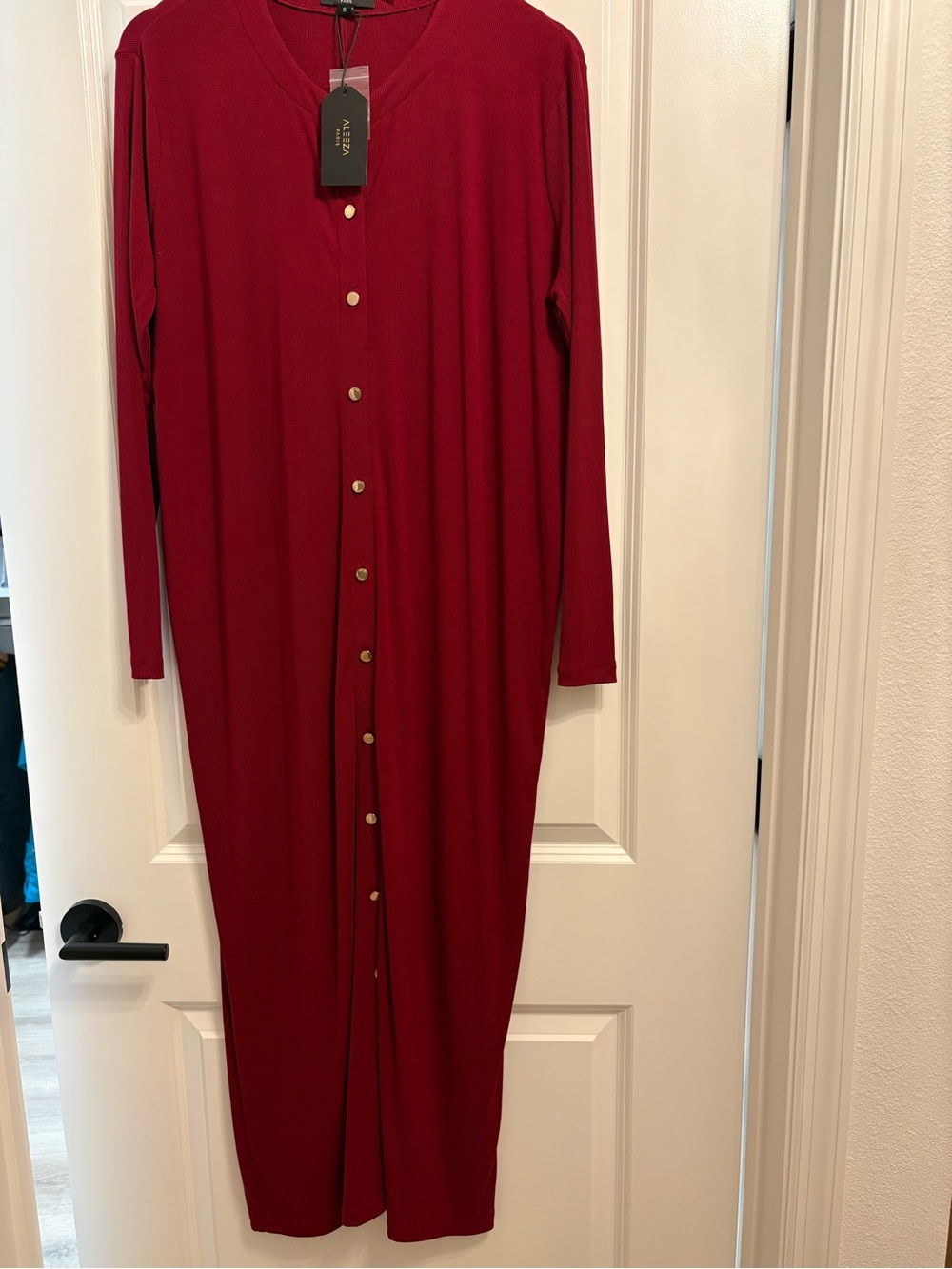 Aleeza Paris Long-Sleeve Button-Front Maxi Dress in Burgundy